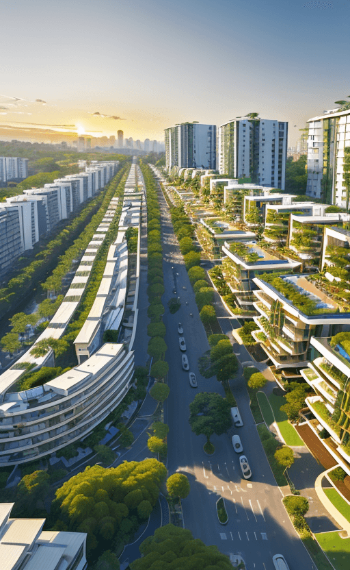 AI generated: a magnificent modern ecotourism village with many different and singular residential buildings desig...
