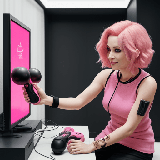 AI generated: women with pink hair handing a joystick of cosole modern