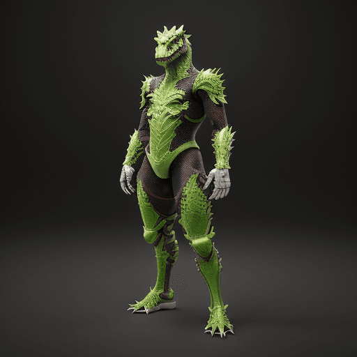 AI generated: full body portrait of Yoshi from Super Mario Bros, dinosaur, clad in intricate details cybernatic ar...