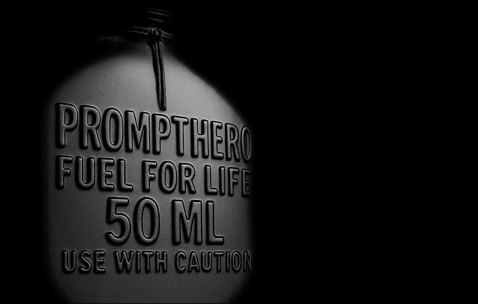 AI generated: A close-up, monochromatic image of a matte black bottle with embossed text that reads: "PROMPTHERO –...
