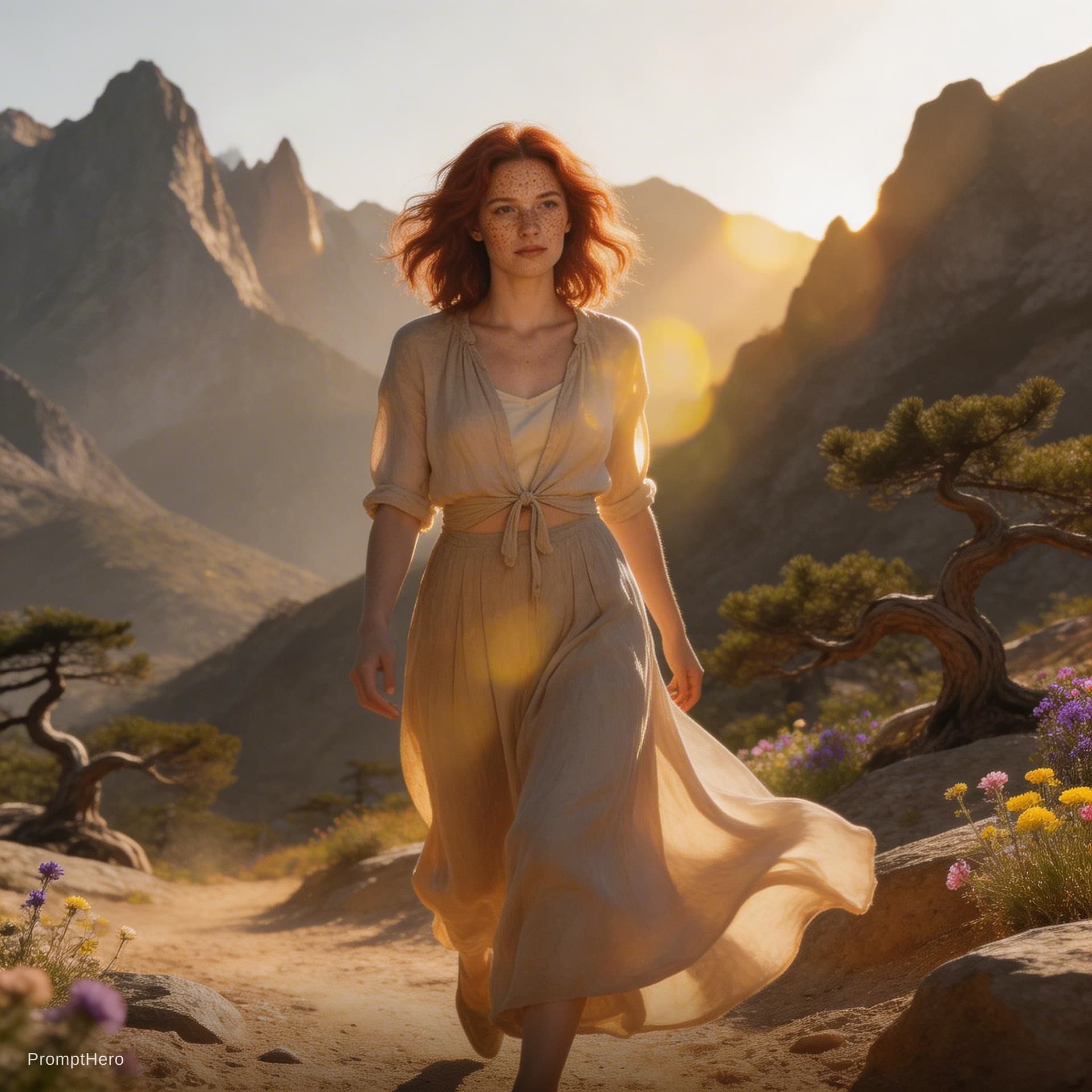 AI generated: A lean redhead with shoulder-length tousled hair, loose waves framing a freckled face, walks a dusty...