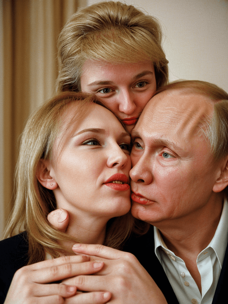 AI generated: trump loves putin, hug, kiss, realistic photo, ray tracing, perfect eyes, cozy bright room film grai...
