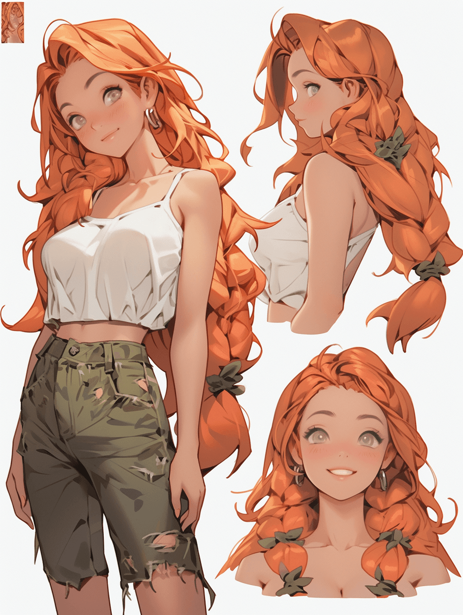 AI generated: Character sheet，Girl with long hair，Multiple poss and expressions，Highly detailed，Depth，Many parts -...