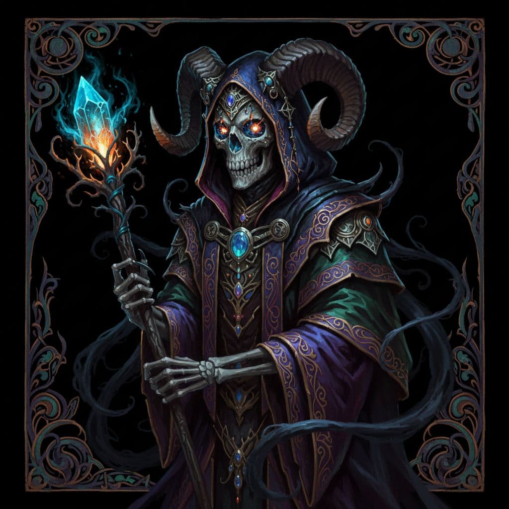 AI generated: Skull demon sorcerer Concept art portrait by Terese Nielsen, Brom, Miho Hirano, hyperdetailed intric...