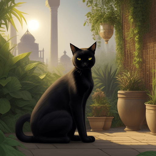 AI generated: A black cat is watching over the hanging garden in ancient babylon. The sun is up. Plants are large....