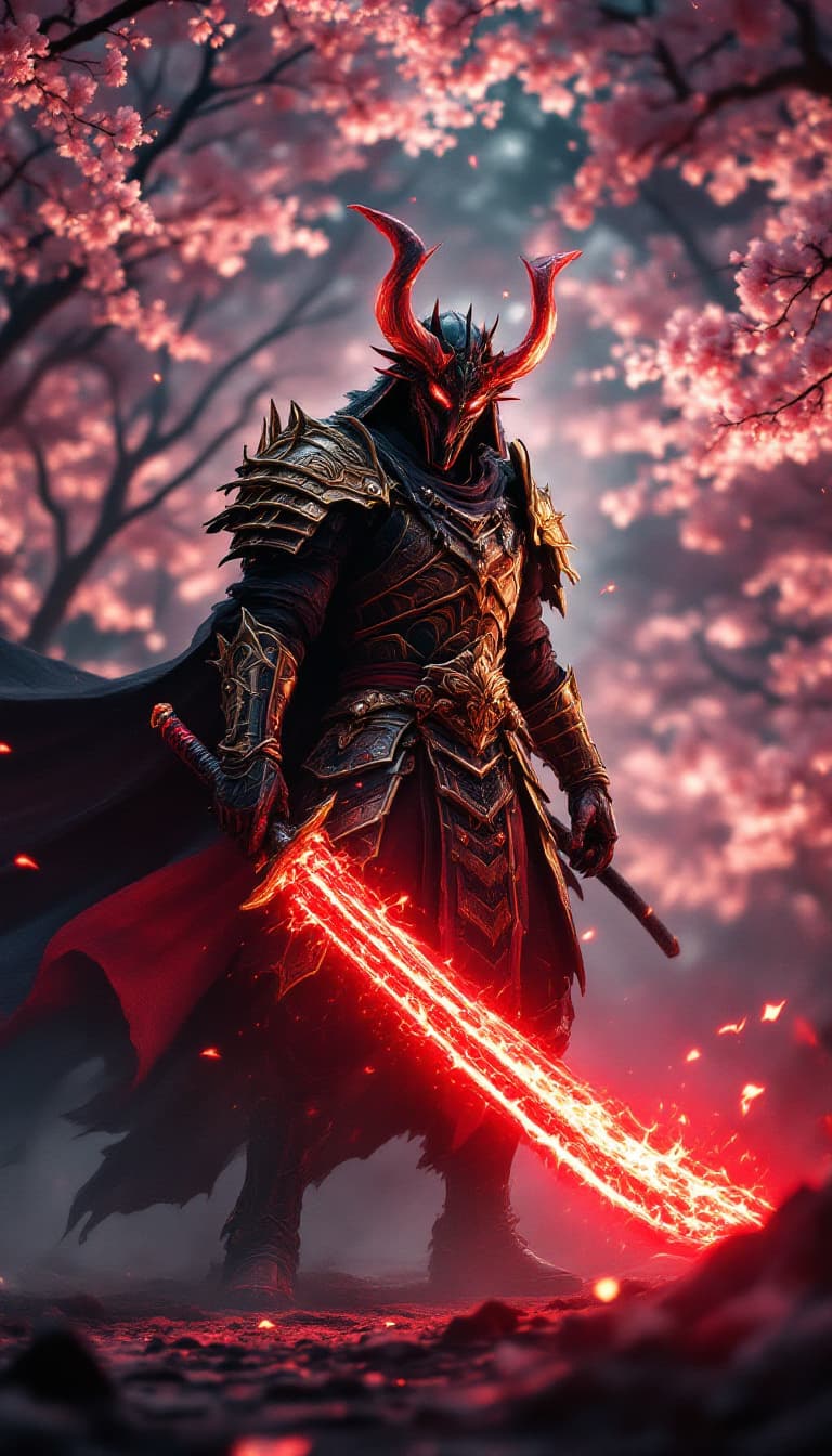 AI generated: A dark demon warrior wearing a gold and red japanese samurai armor holding a giant red glowing Katan...