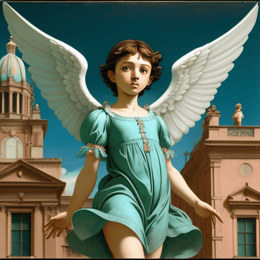 AI generated: young girl in flying turquoise dress against the sky /imagine prompt: by Caravaggio Michelangelo Mer...