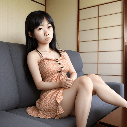 AI generated: japanese, college woman, sitting on sofa, sundress, ((disgusted)), (((furrowed:1.1 brow)))
