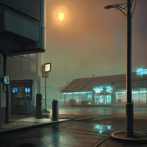 AI generated: a highly detailed matte painting of a single gas station with a sign in the fog by studio ghibli, ma...