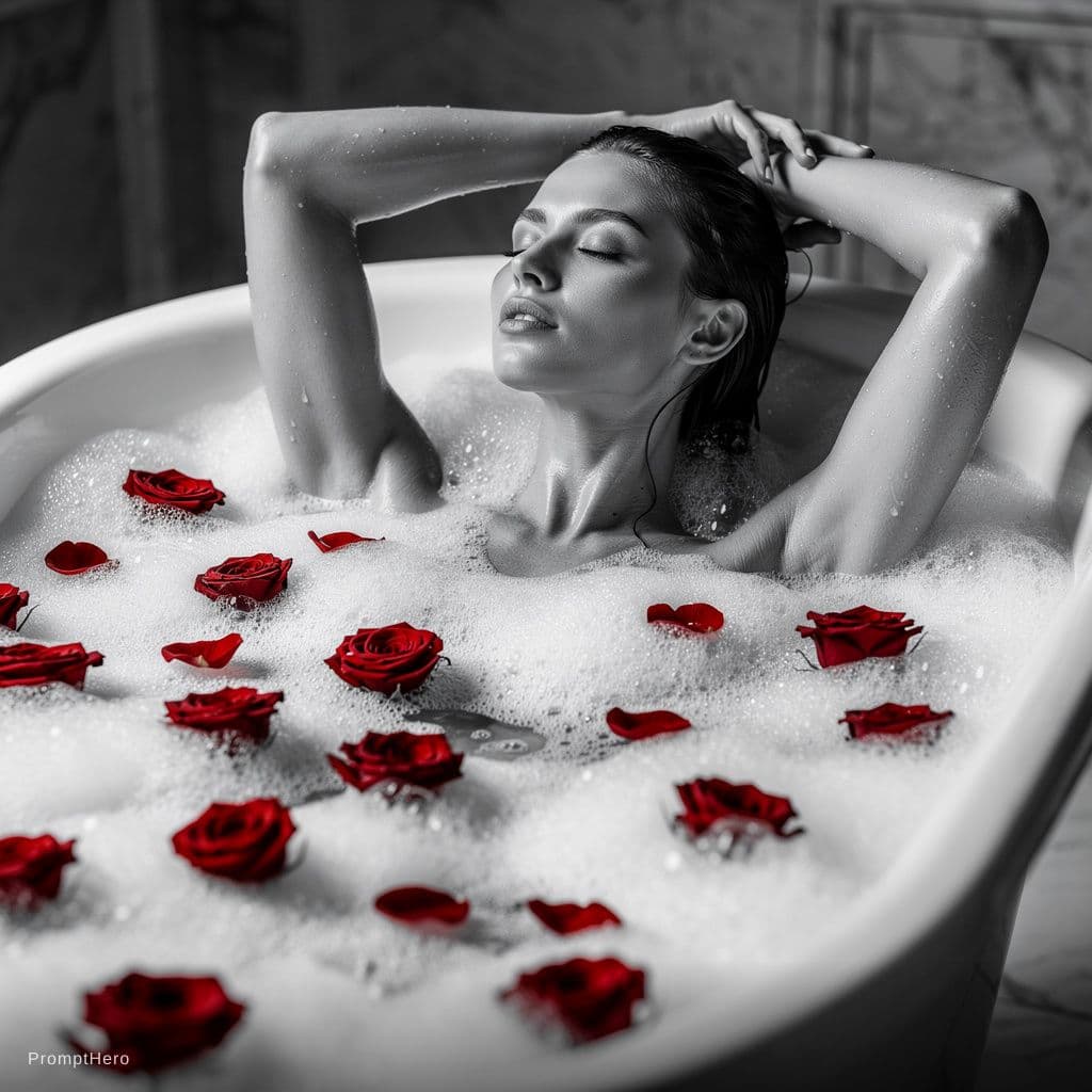 AI generated: A sensual, black and white photograph of a woman reclining in a luxurious bathtub filled with rich, ...