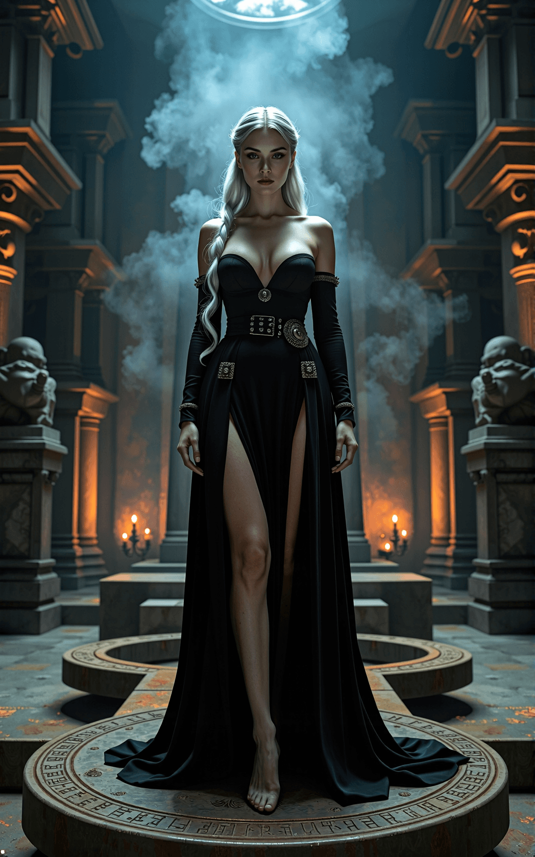 AI generated: Within an ancient temple veiled in incense and torchlight, an eldritch priestess stands upon a rune-...