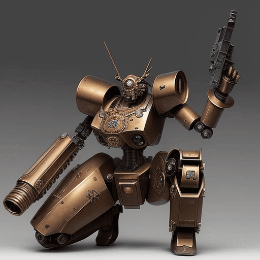 AI generated: steampunk anime battle robot holding huge gun. 2 legs. 2 arms. 5 fingers on each hand. full figure. ...