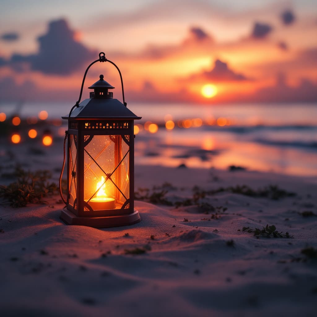 AI generated: a hyper-realistic, lanterns, beach, sunset, high resolution, high detail, --ar 4:5 --style raw --sty...