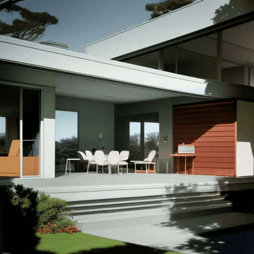 AI generated: Hyper realistic eye level exterior photo of a mid century modern style house overlooking the ocean, ...