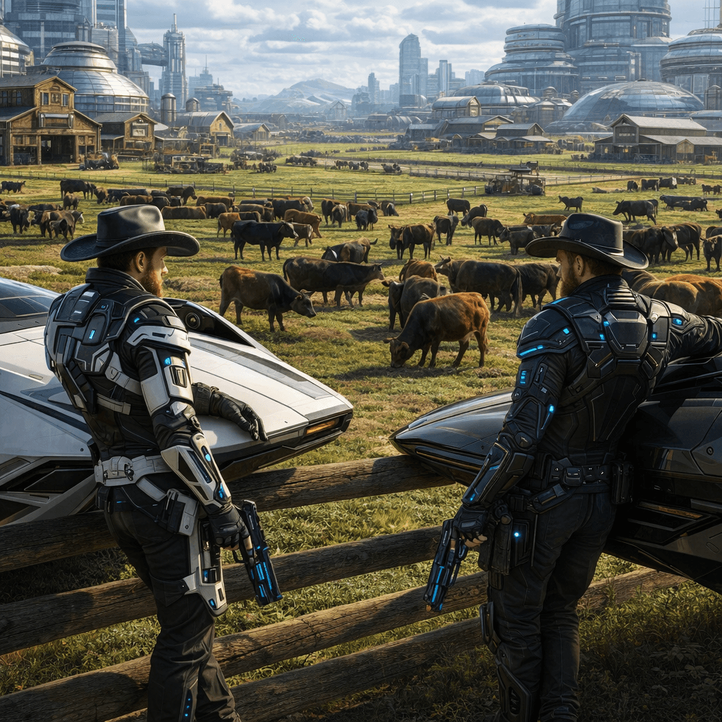AI generated: Create an image of two futuristic Human Cowboys, leaning comfortably on their futuristic farm. Looki...