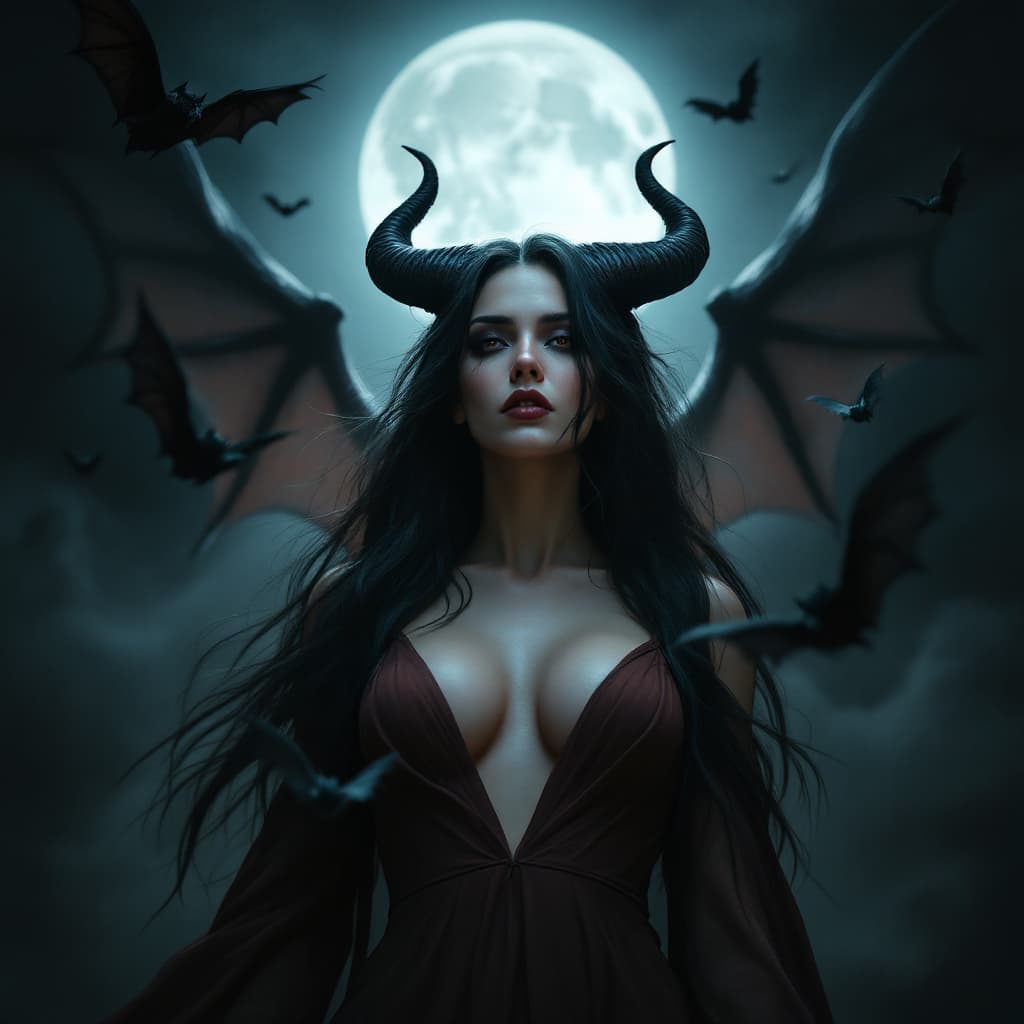 AI generated: a woman with long, dark hair and horns, wearing a brown dress, with a plunging neckline set against ...