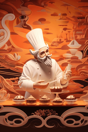 AI generated: A chef, baking pastries, Dali-inspired, Al Hirschfeld, paper art, chocolate-sculptured, surrealistic...