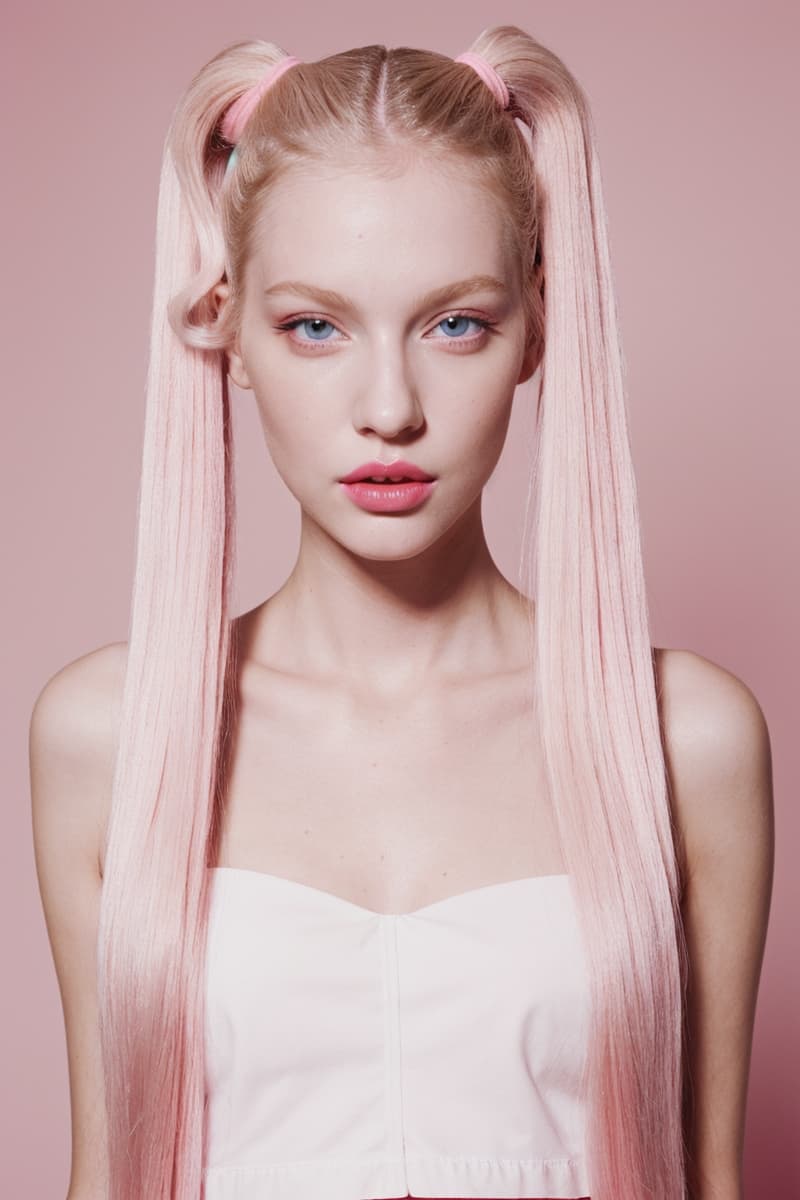 AI generated: Runway Model, Pigtails, candycore hair, pale skin and light pink lips