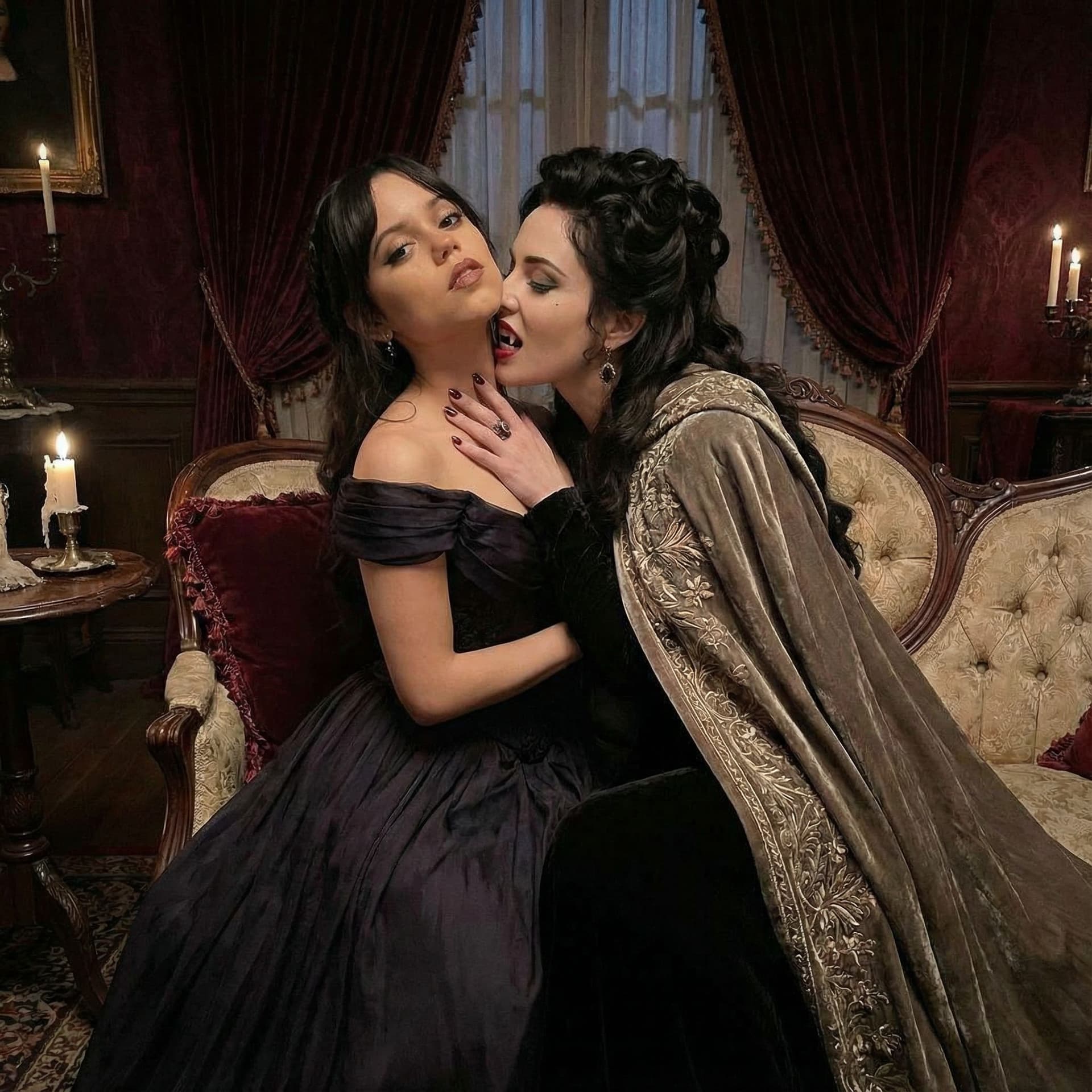AI generated: Jenna ortega being bitten by a female vampire, make it sexy