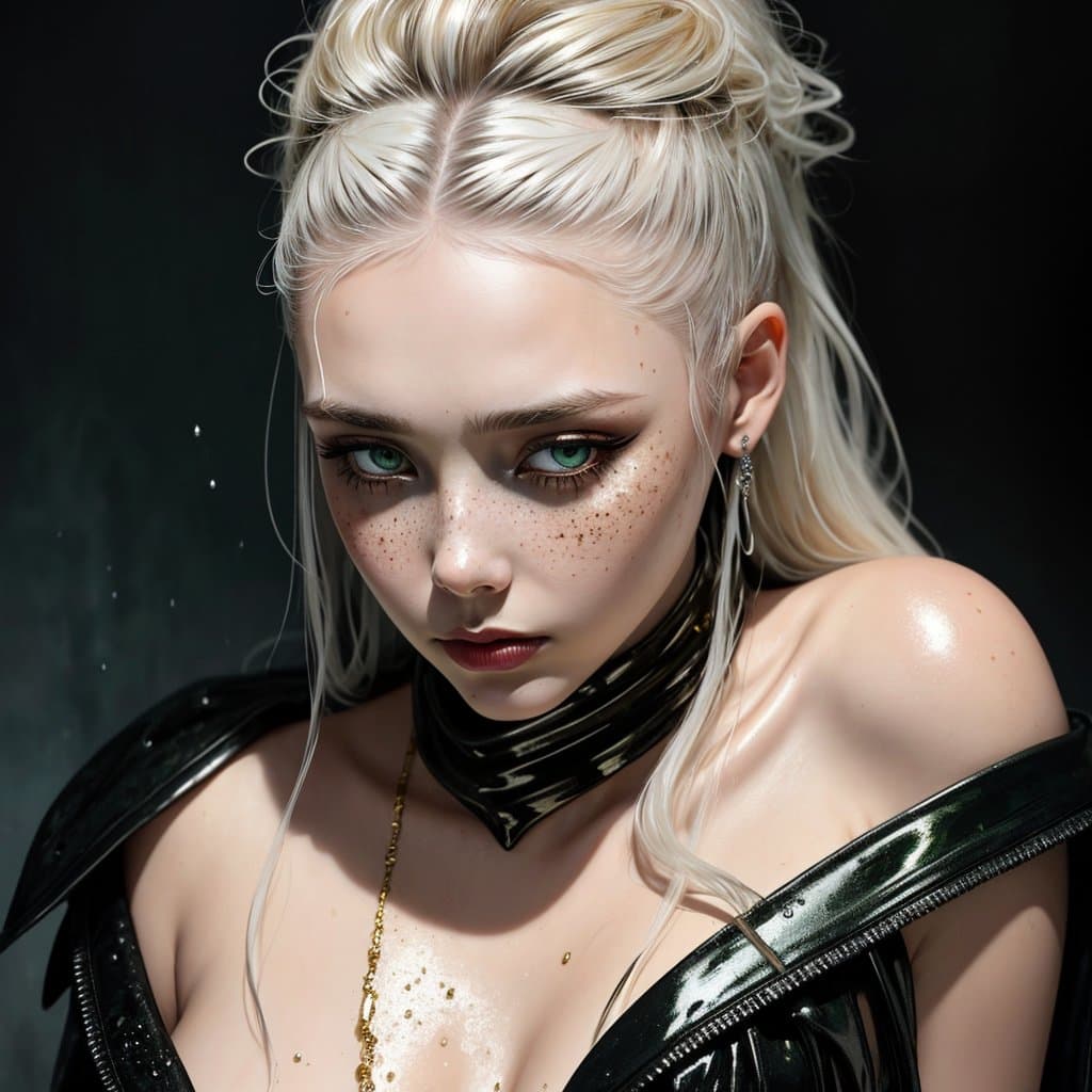 AI generated: anger face, elizabeth olsen close up full body portrait, She is on her knees, hands touching her fac...