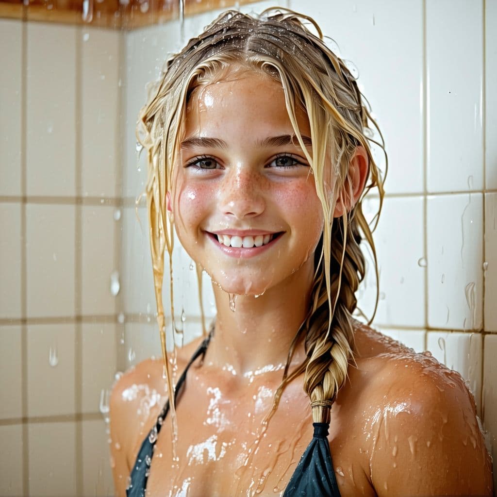 AI generated: young teen, bikini, blonde hair with braid, smile , tiny body , in the shower , wet ,hyper realistic...