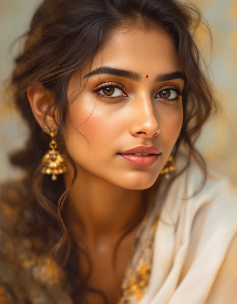 AI generated: An Indian woman in her late 20s, exuding a serene and contemplative mood, sits for a fine art portra...