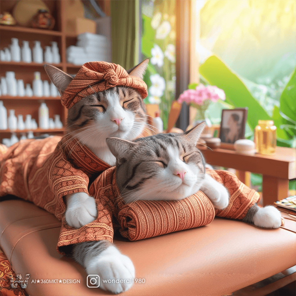 AI generated: adorable cat, wearing a masseuse outfit, massaging another cat dressed in spa attire, comfortably re...