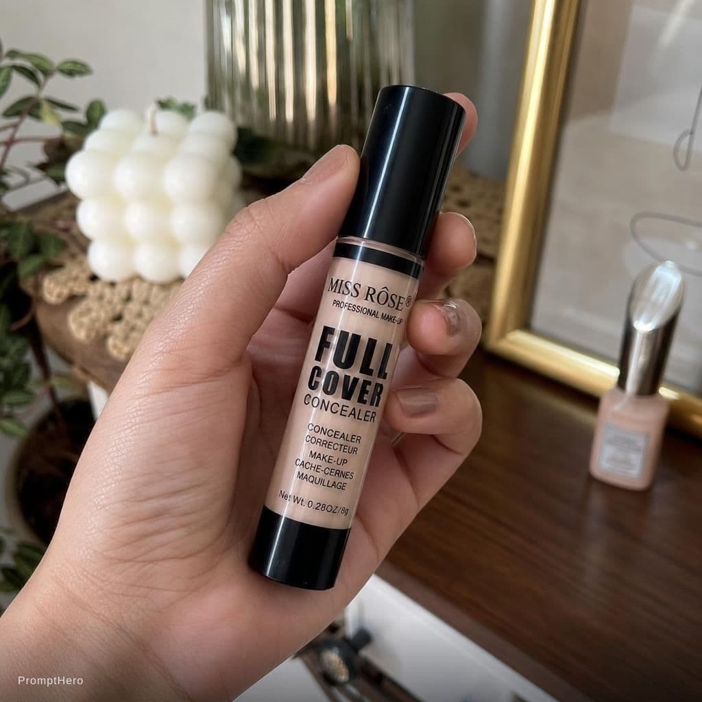 AI generated: close-up of a female hand holding Miss Rose full coverage concealer, natural skin texture, soft dayl...