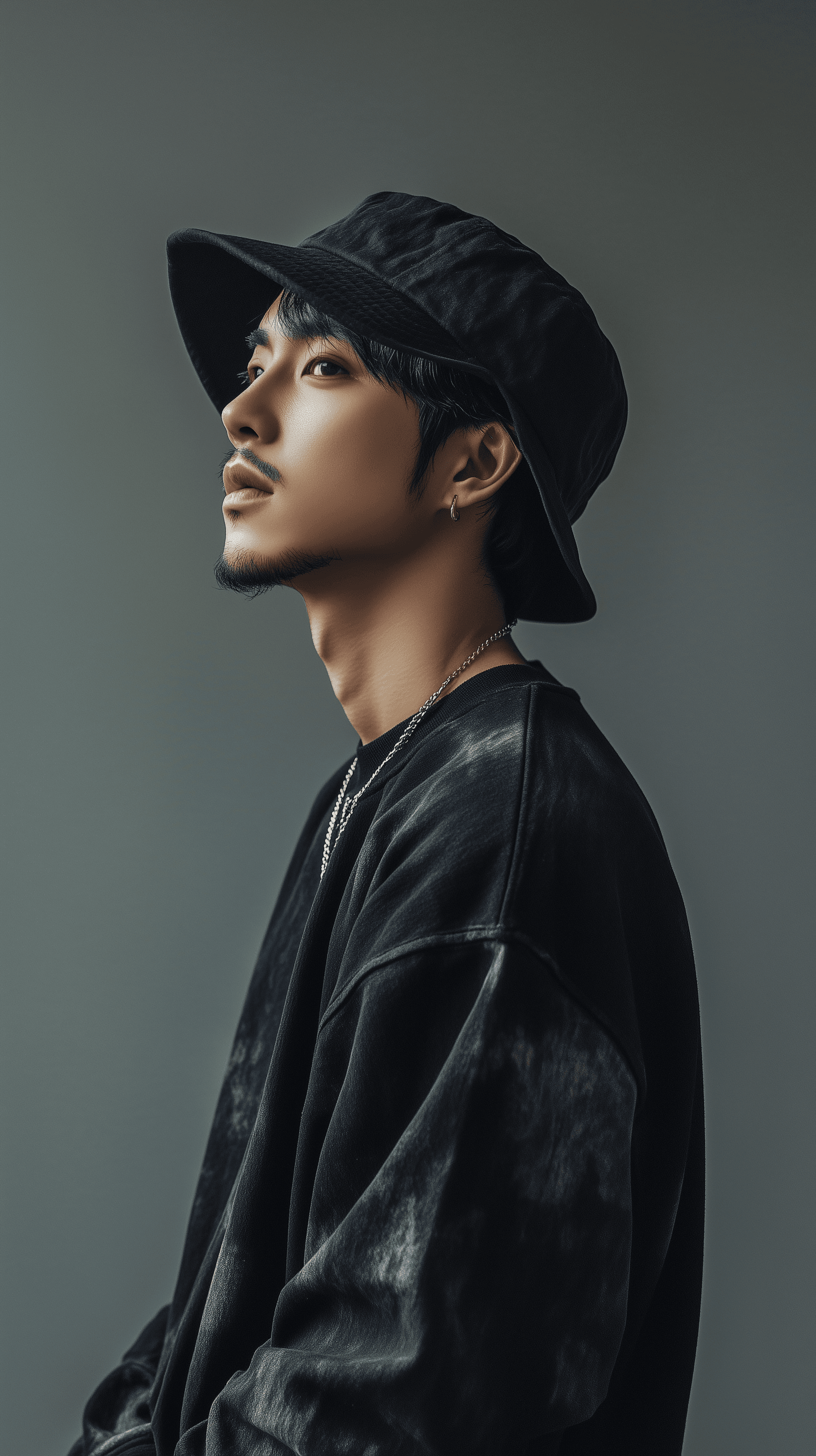 AI generated: contemporary Korean streetwear fashion editorial,ㅠportrait of a man in profile pose wearing a dark b...