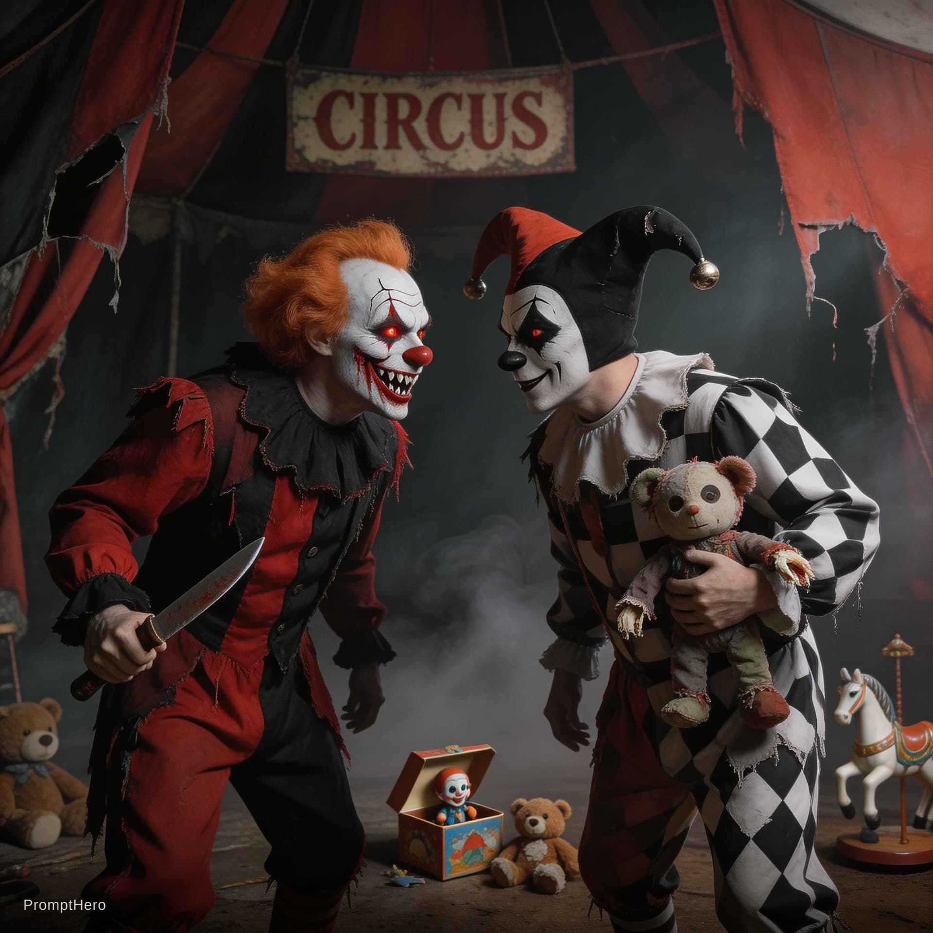 AI generated: Dialogue between a scary cartoonclowns,background old circus,with creepy toys,mystical atmosphere,sc...