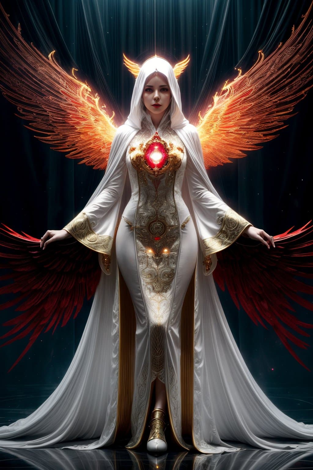 AI generated: futuristic, Lovecraftian women robot angel, fire wings, floating, white robe, red accents, flames un...