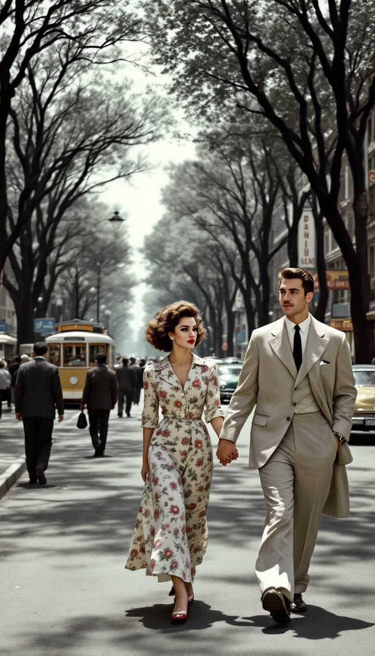 AI generated: A young couple from the 1950s walking along the wide, asphalted streets of Vali Asr Street (formerly...