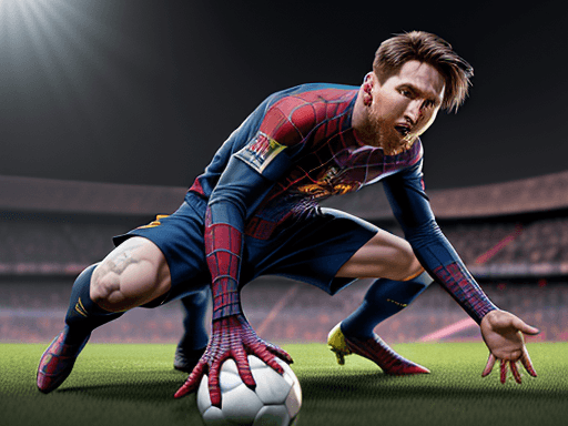 AI generated: Messi doing the classic Spider-Man pose on the pitch, in the style of the Stars Art Group, photoreal...