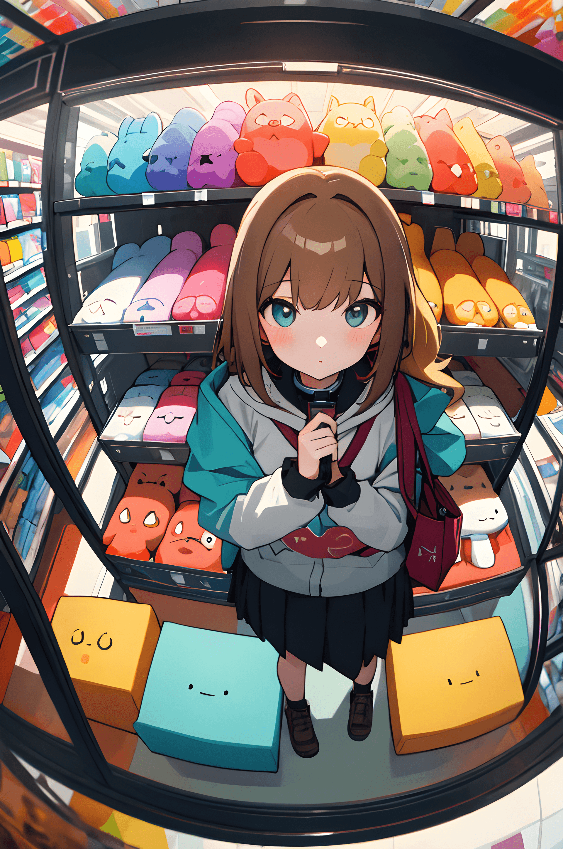 AI generated: (masterpiece, best quality), (colorful:1.4), from above, solo, 1girl standing in a store with lots o...