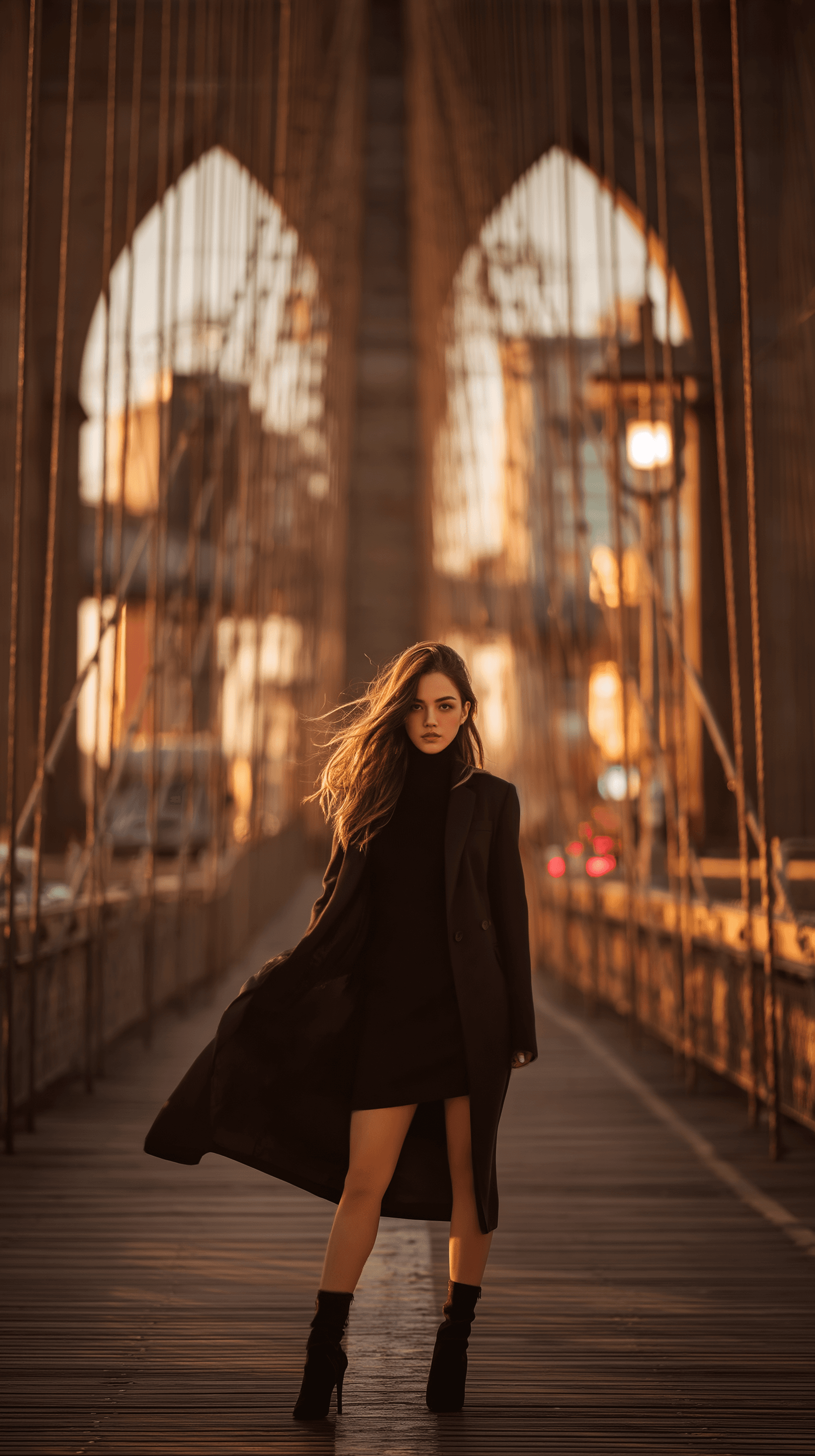 AI generated: cinematic fashion shoot, luxury wear fashion model, asian, in a brooklyn bridge central lane, low go...