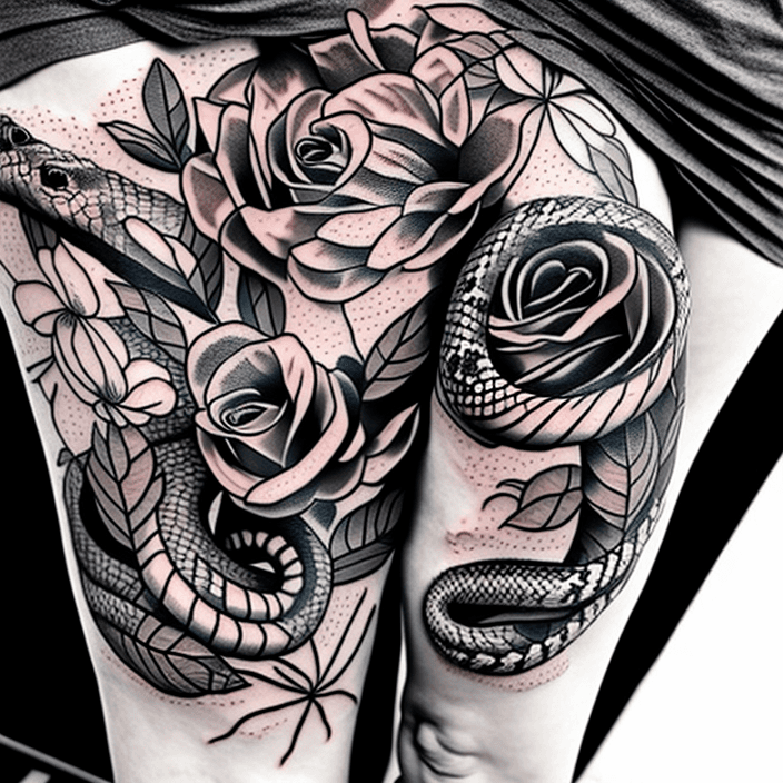 AI generated: Thigh tattoo, big snakes, flowers, black and white, leaves with black fill, smooth transitions, flor...