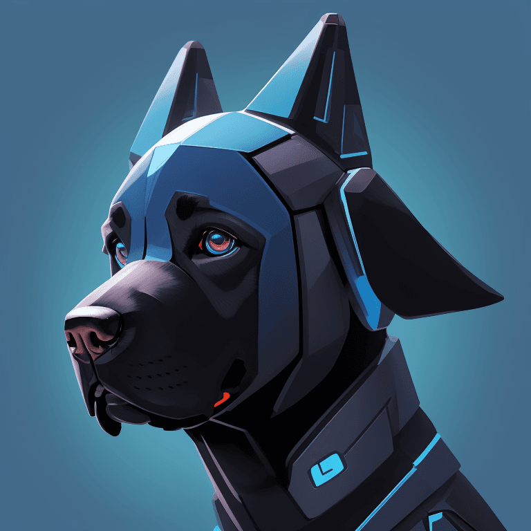 AI generated: A stylized robo-themed illustration of a Labrador dog head, seen directly from the front, in a blue ...