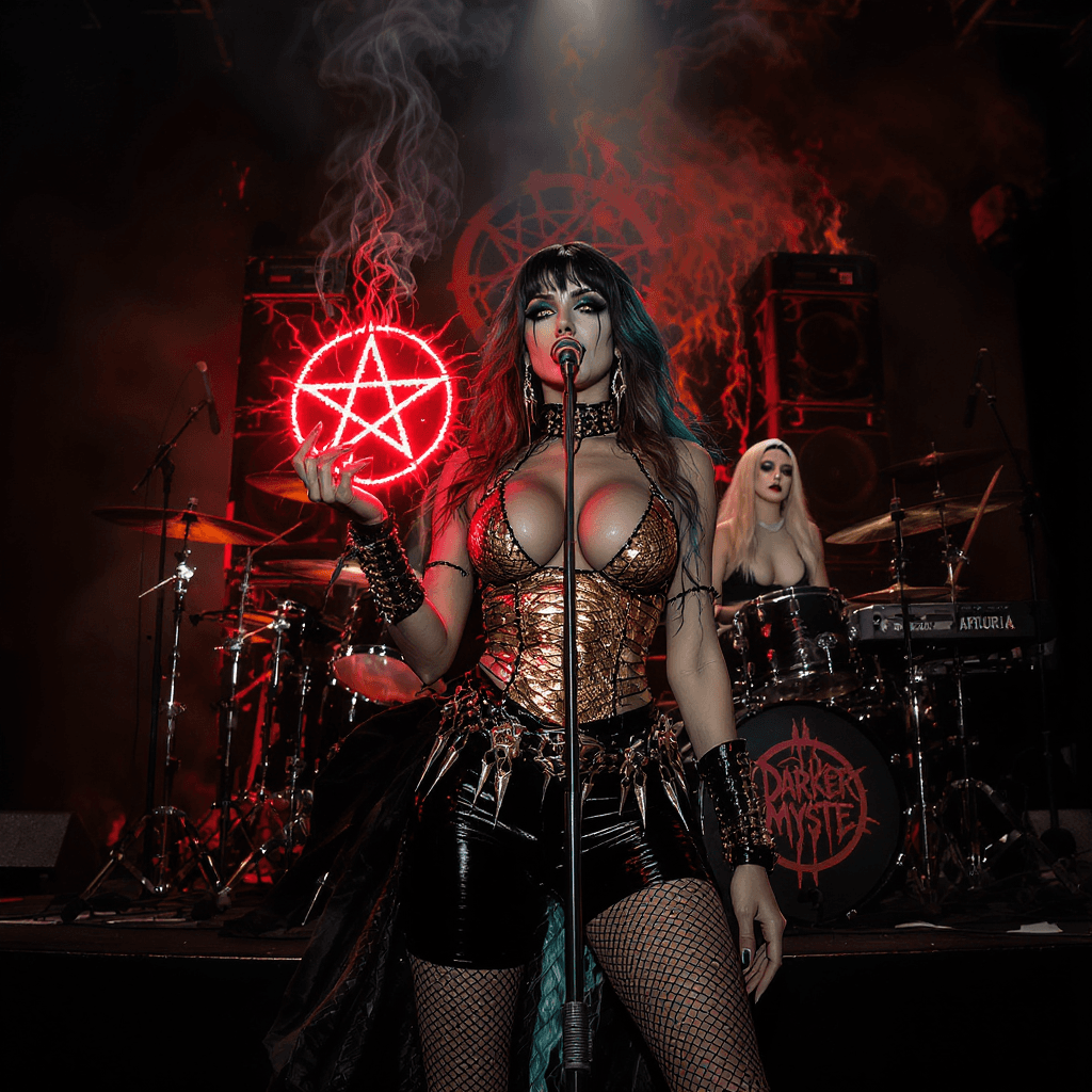 AI generated: 5 women On stage symphonic metal stage background, huge speakers, darkness, black and red. backdrop ...