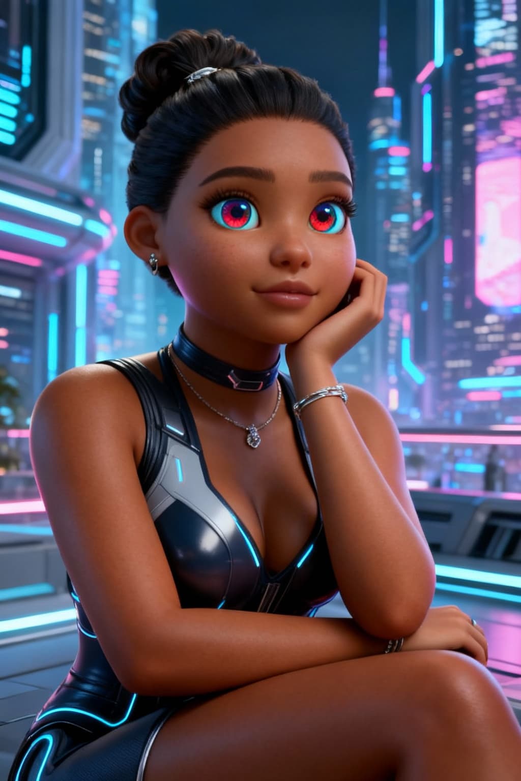 AI generated: Alter the character's details. Change her eye size, full and round, and colorful. Make their bodies ...