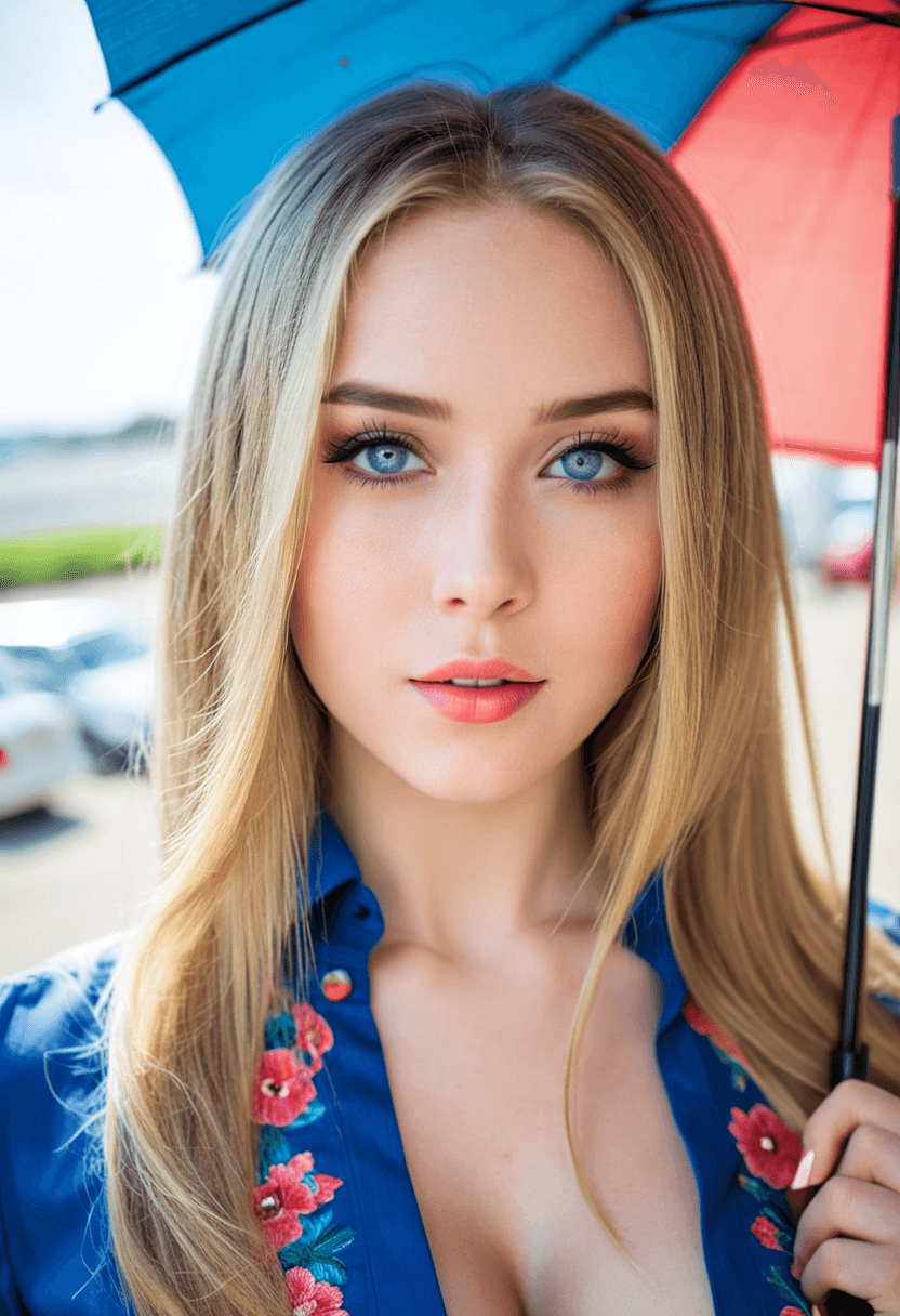AI generated: breathtaking beautiful young woman, light-blue eyes, long blonde hair, full lips, under a colorful u...