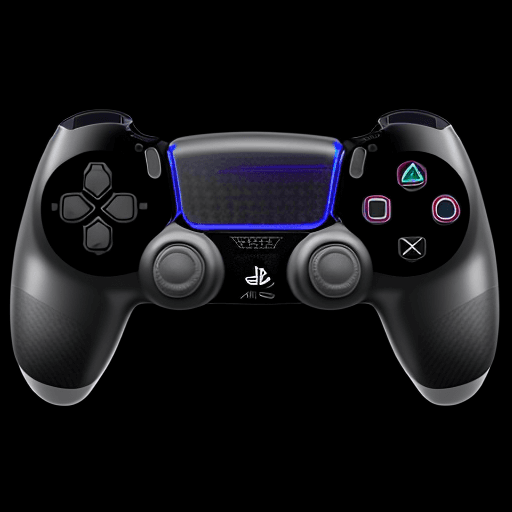 AI generated: Hight resolution front an back image of a PS5 controller that was hydrop dipped in black carbon fibe...