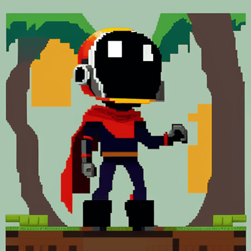 AI generated: simple 2d pixel art character with a daft punk helmet and red cape, standing in a jungle, in the sty...