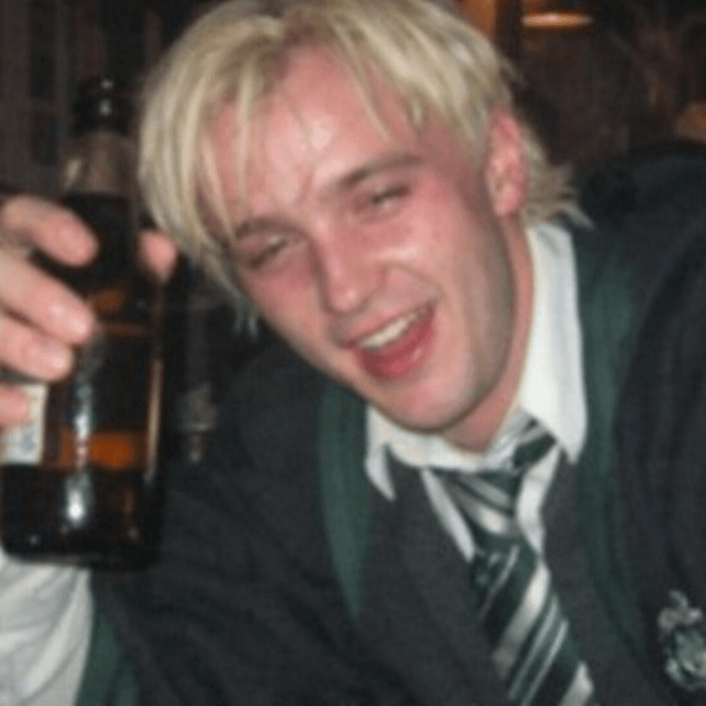 AI generated: Tom Felton, low quality, draco malfoy, drunk
