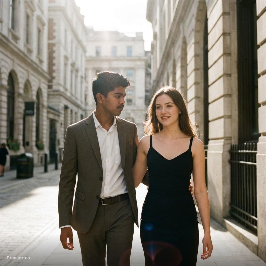 AI generated: A cinematic candid medium shot portrait of a man and a woman walking side by side along a bright urb...