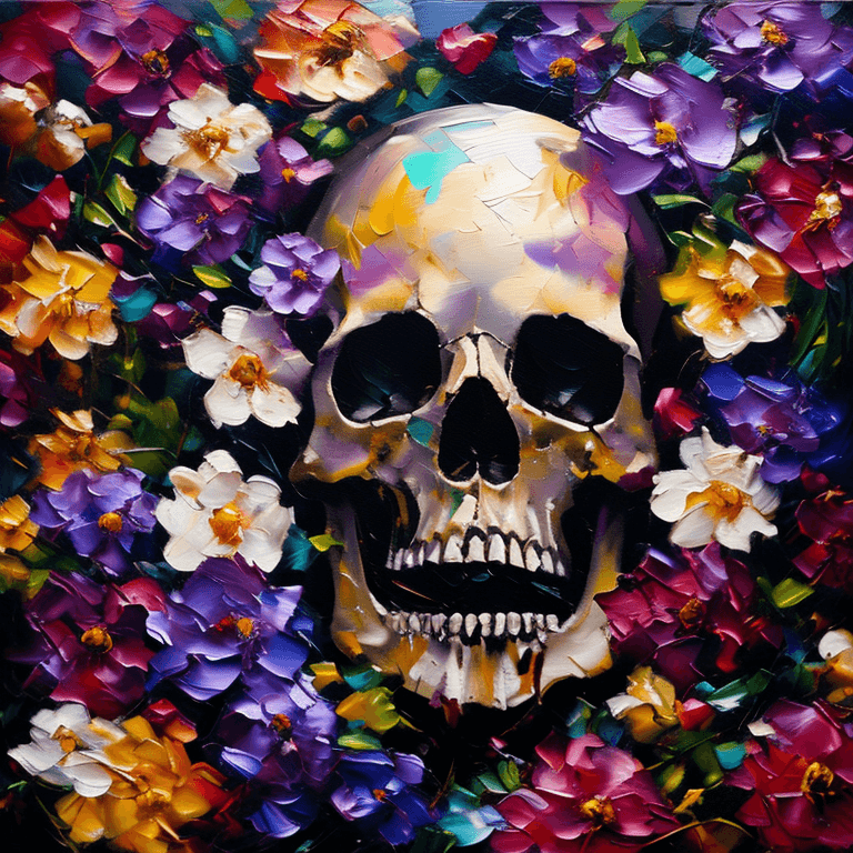 AI generated: mj, an abstract (oil painting:1.1), skulls and flowers, purple tones