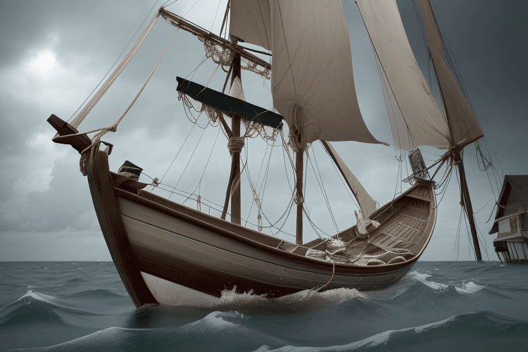 AI generated: A Unconventional boat made of Plastic planks attached by ropes to empty Plastic bottles that rest on...