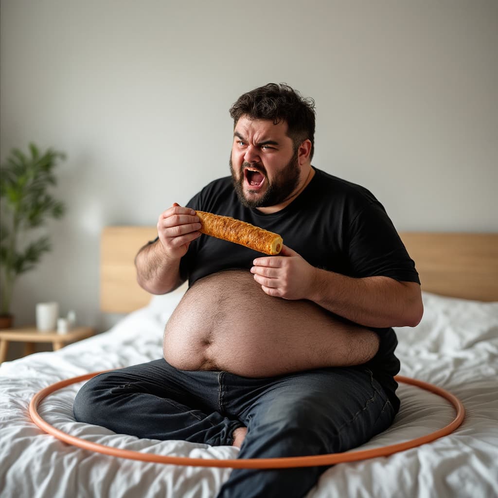 AI generated: a realistic photo of angry 20 year old overweight tall guy eating five doner kebab roll at his house...