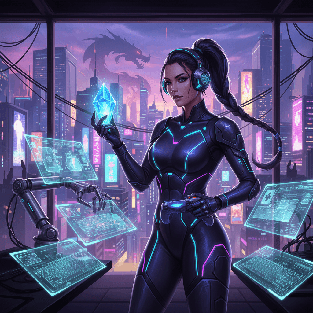 AI generated: A vibrant, cyberpunk-style digital art illustration of a confident woman in a sleek, black armored b...