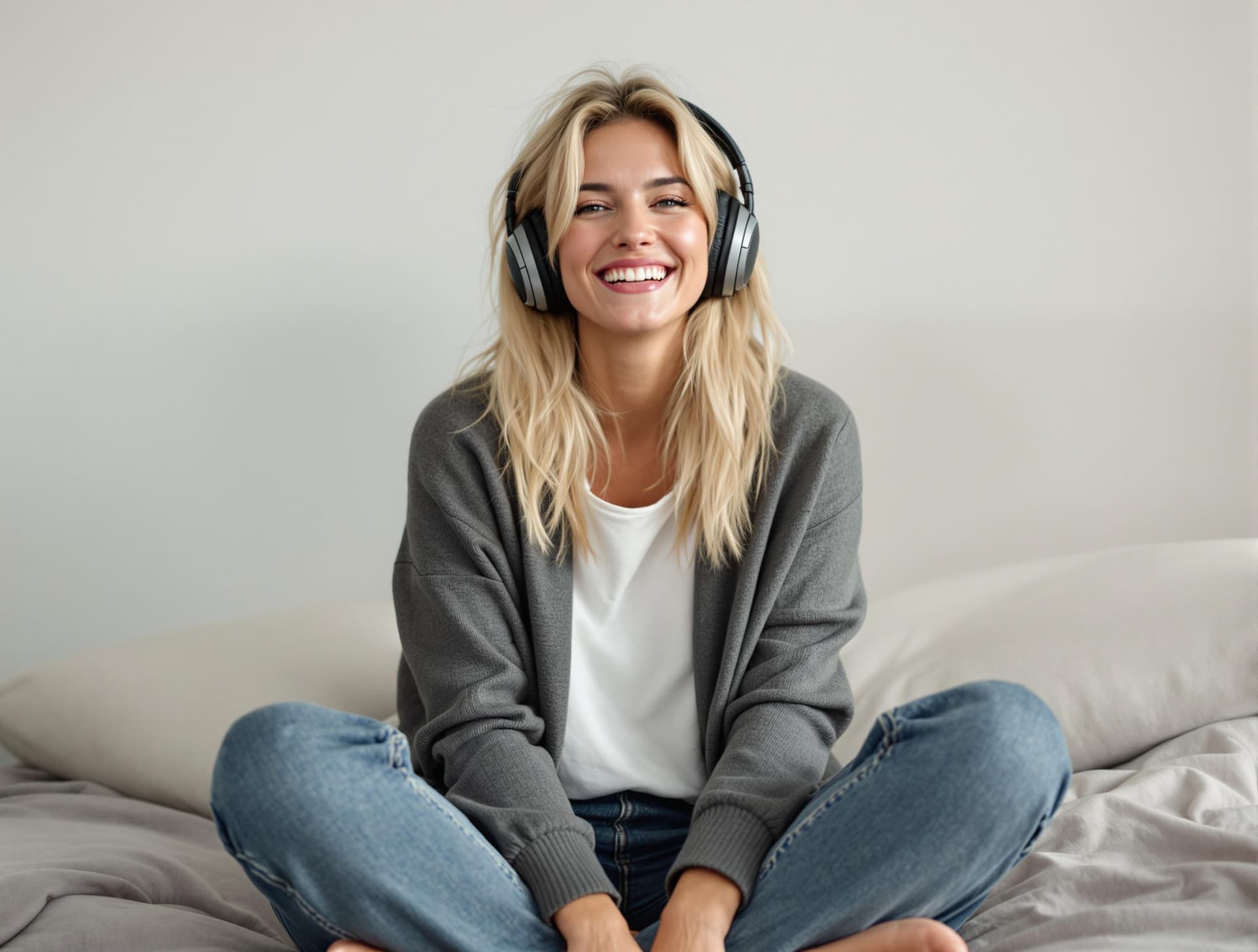 AI generated:  woman sitting cross-legged,nordic ,blonde,Freckles, wearing headphones, looking happy and cheerful ...