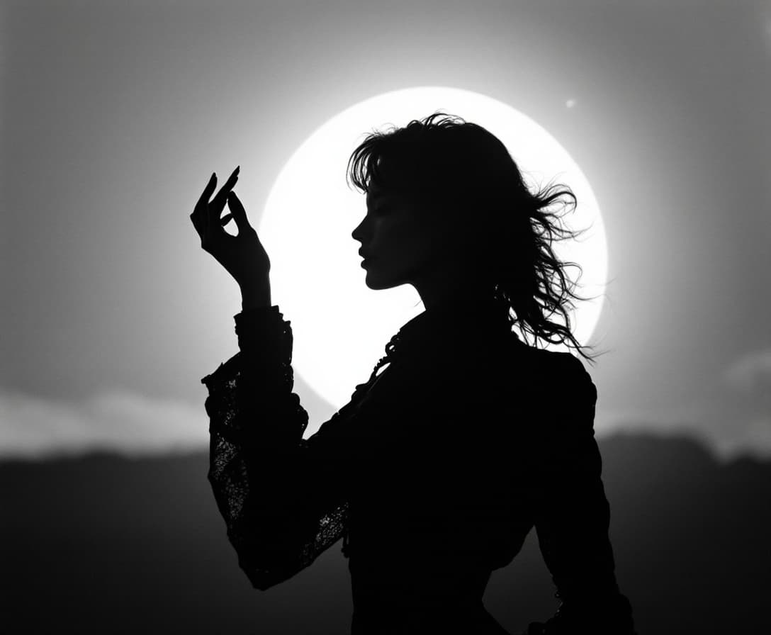 AI generated: black and white photography, fashion editorial, a figure of beautiful woman silhouette stands before...